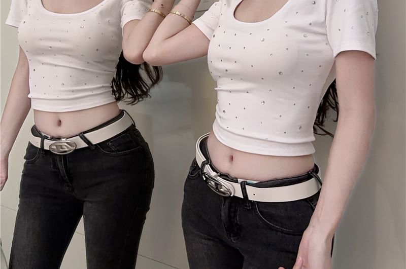 Square T-Shirt Rhinestone Crop Neck Short-Sleeve Plain