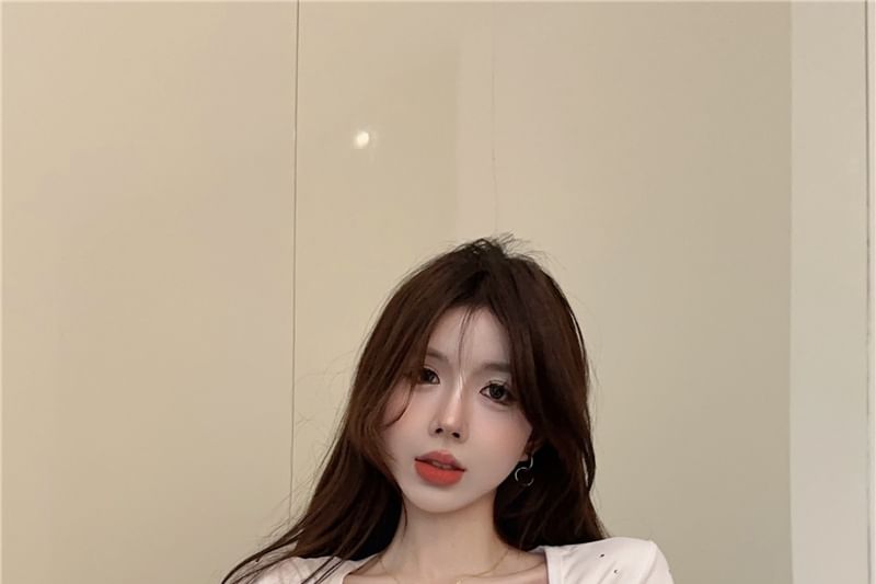 Square T-Shirt Rhinestone Crop Neck Short-Sleeve Plain