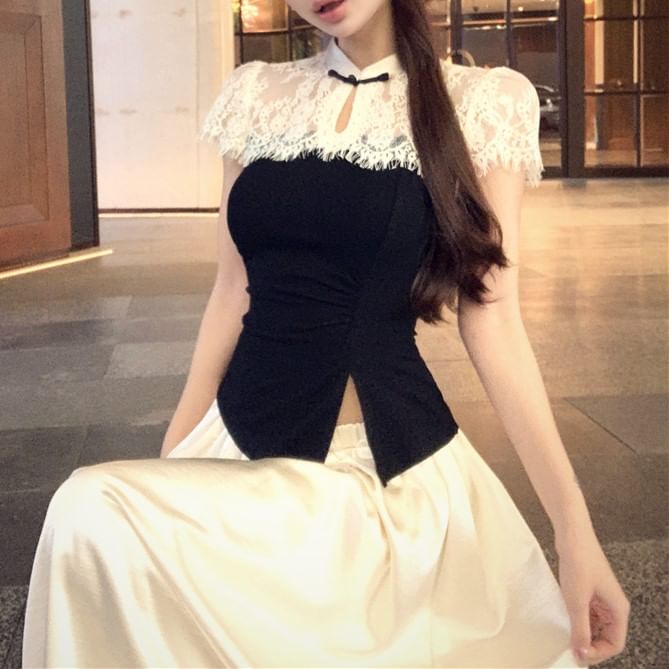 Short-Sleeve Maxi Top Asymmetrical Skirt Tone Two A-Line High / Waist