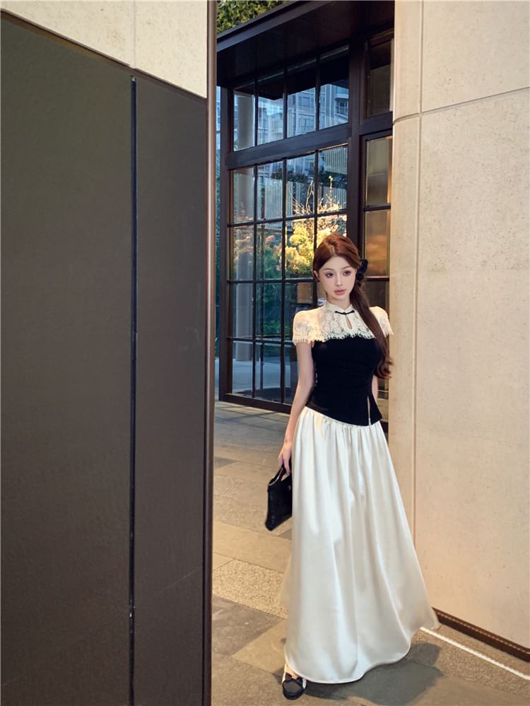 Short-Sleeve Maxi Top Asymmetrical Skirt Tone Two A-Line High / Waist