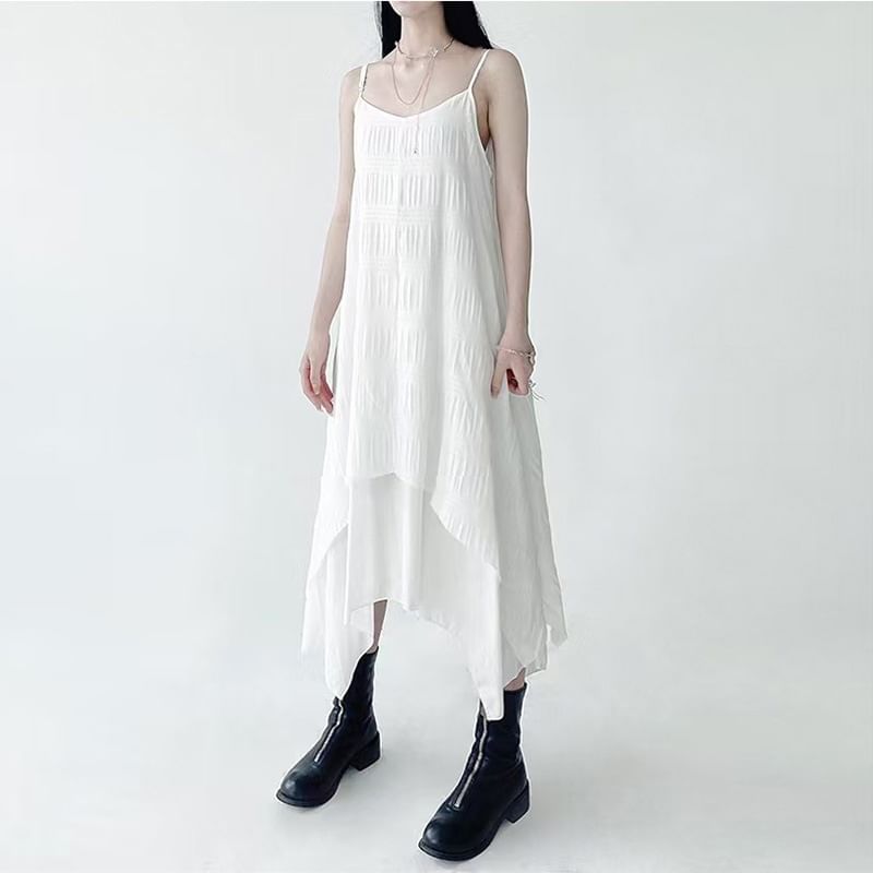 Asymmetrical Midi A-Line Dress with V-Neck and Thin Straps