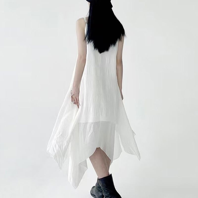 Asymmetrical Midi A-Line Dress with V-Neck and Thin Straps