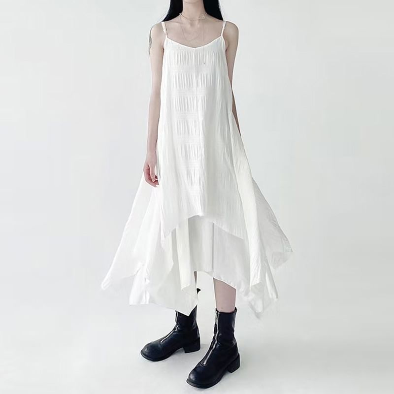 Asymmetrical Midi A-Line Dress with V-Neck and Thin Straps