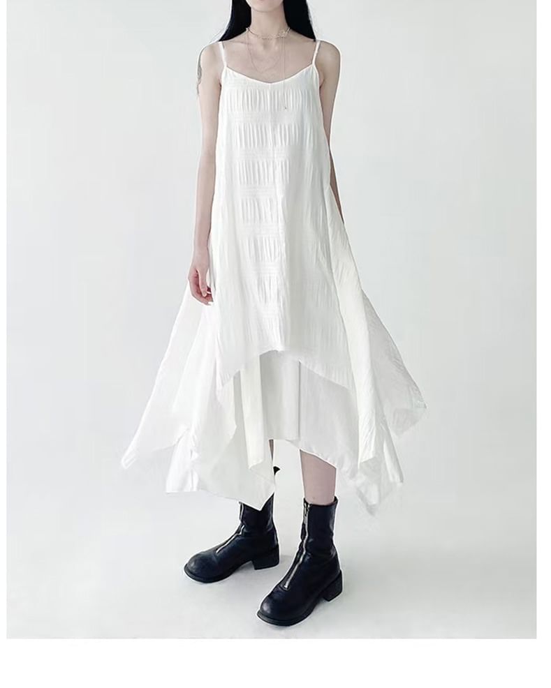 Asymmetrical Midi A-Line Dress with V-Neck and Thin Straps