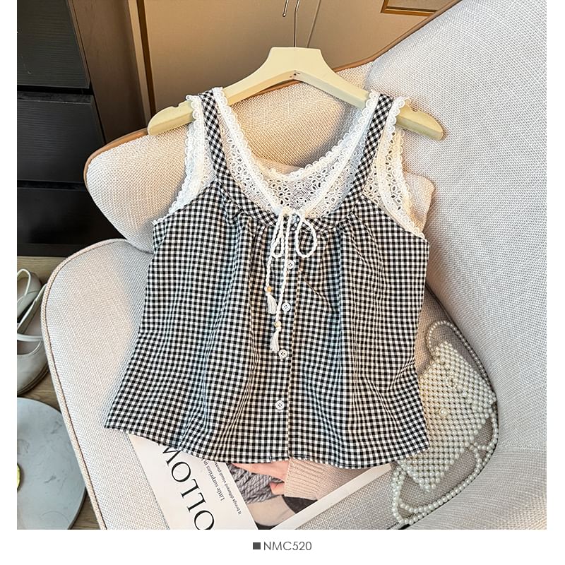 Checker Button-Up Lace Tank - LaceLux