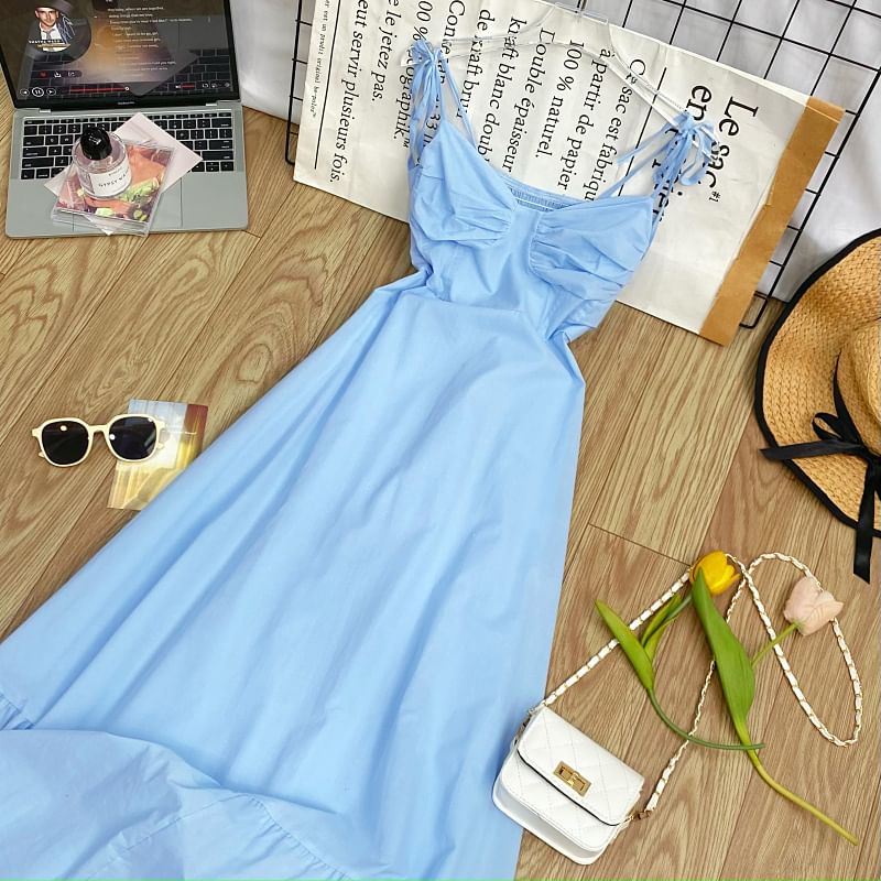 Shirred Midi A-Line Dress with Tie-Shoulder Detail