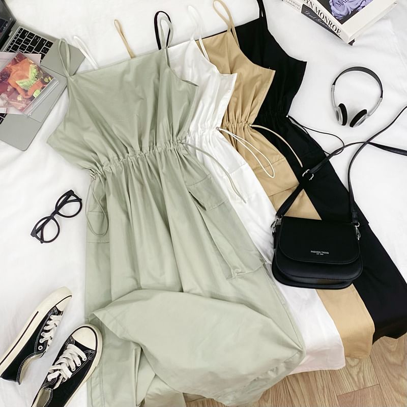 Drawstring Midi A-Line Cargo Dress with Thin Straps