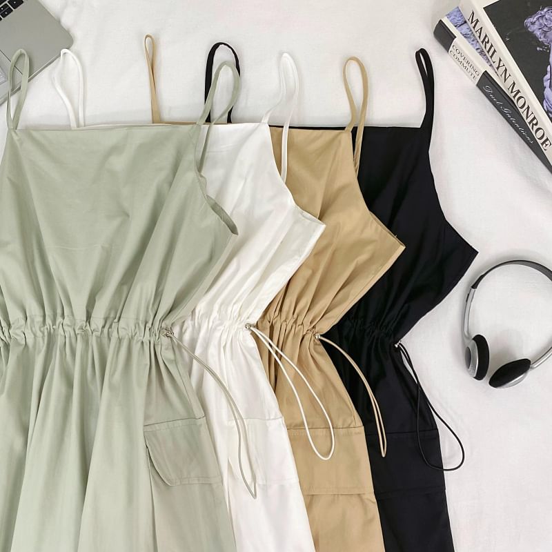 Drawstring Midi A-Line Cargo Dress with Thin Straps