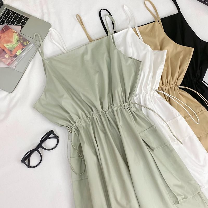 Drawstring Midi A-Line Cargo Dress with Thin Straps
