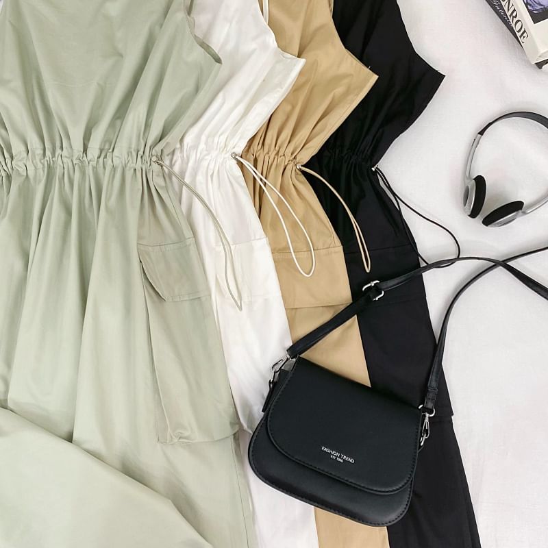 Drawstring Midi A-Line Cargo Dress with Thin Straps