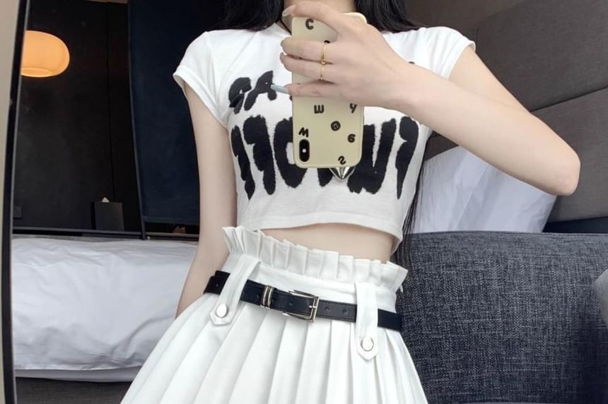 High A-Line Belted Rise Mini Plain Pleated Skirt