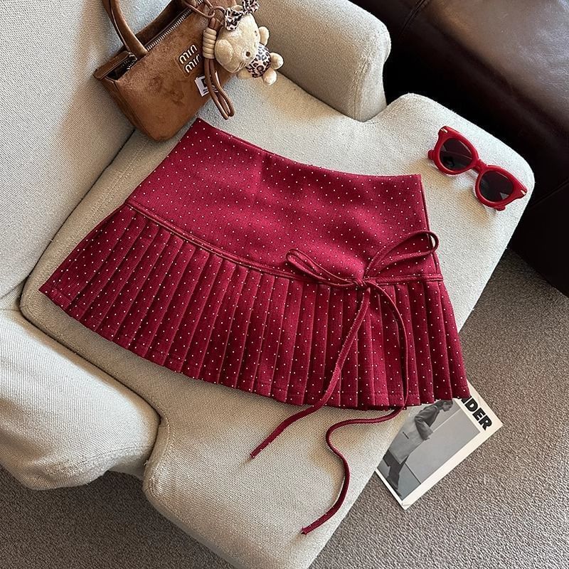 Dotted Skirt Pleated Rise A-Line High Mini