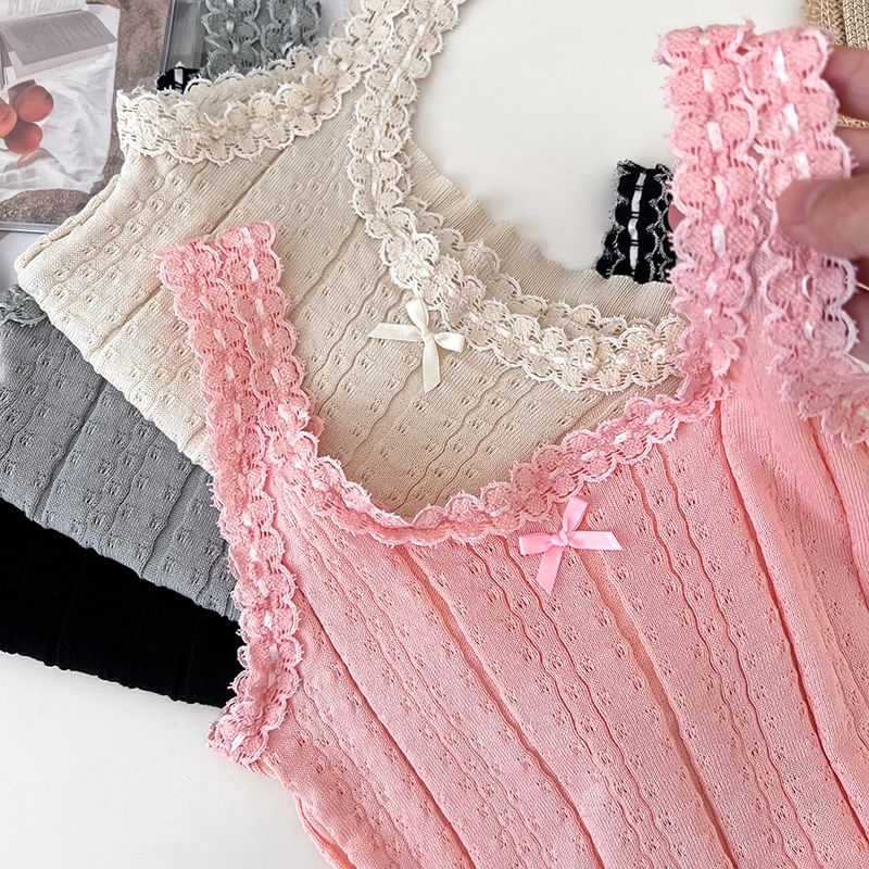 Knit Scoop-Neck Cami with Lace Accent - LaceLux