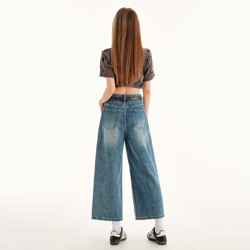 Rise Jeans Washed Wide Leg Mid Cropped