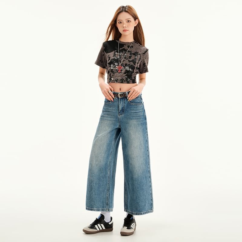 Rise Jeans Washed Wide Leg Mid Cropped