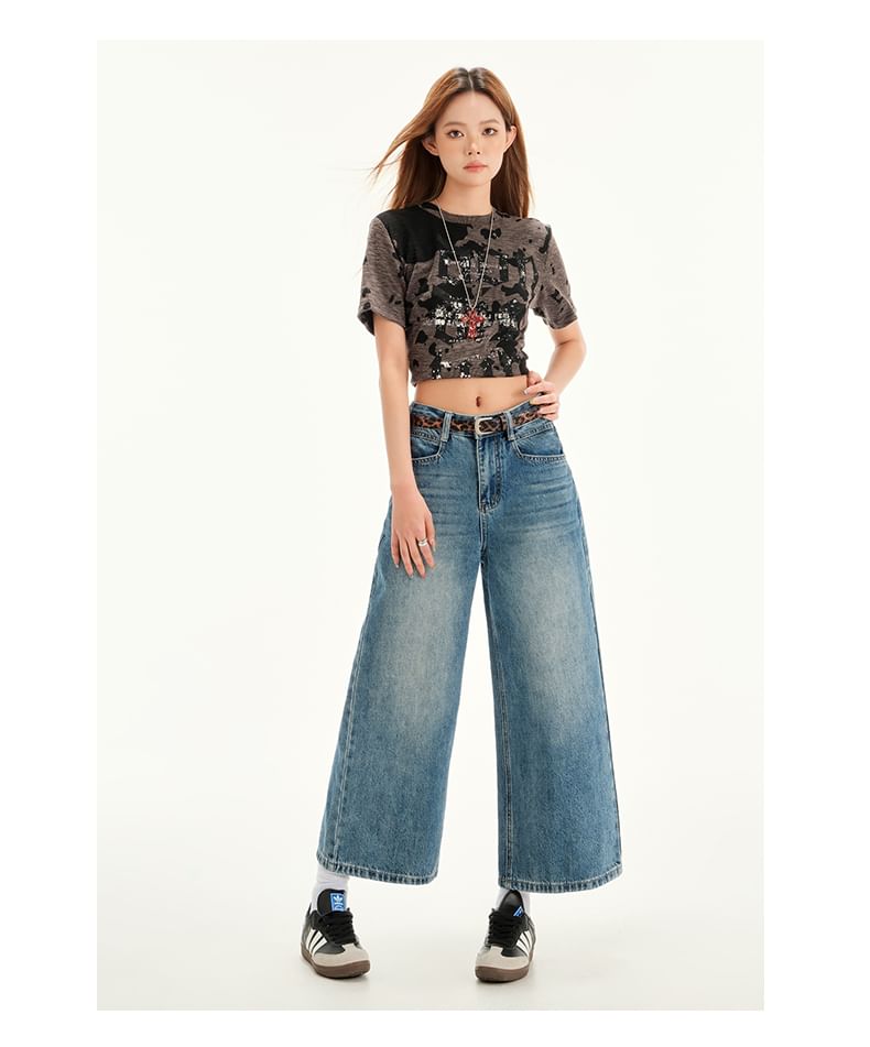 Rise Jeans Washed Wide Leg Mid Cropped