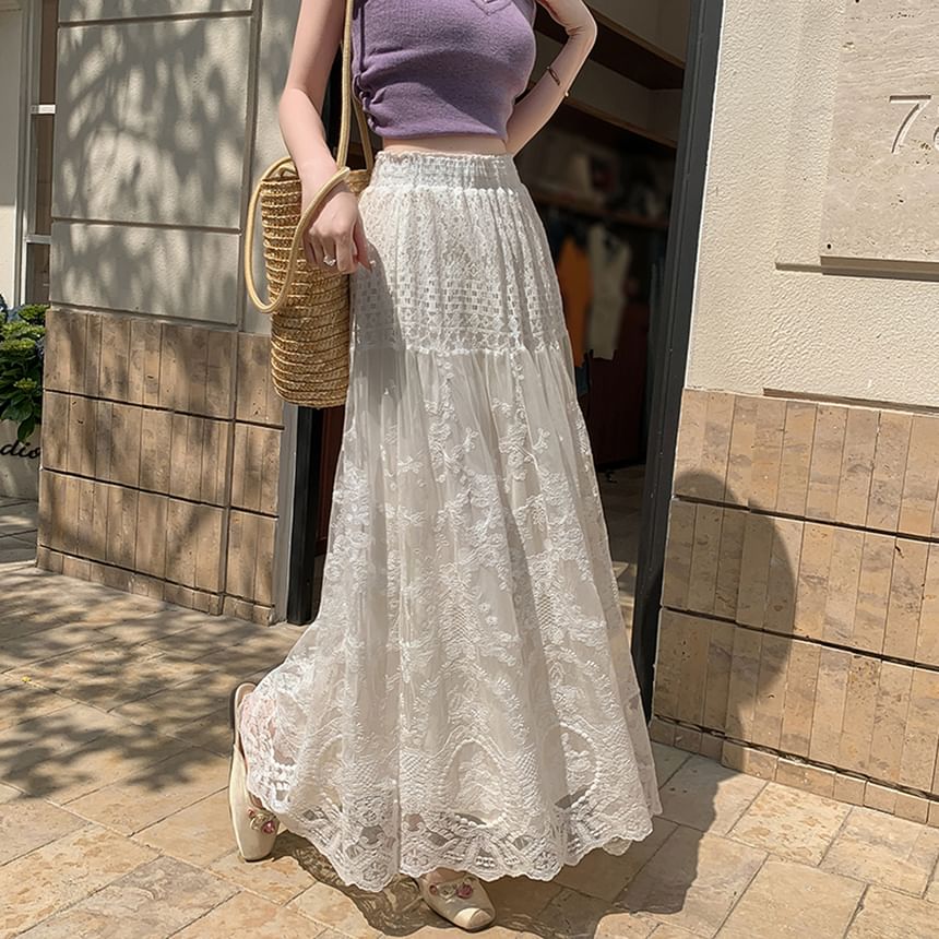 A-Line Maxi Lace High Skirt Waist