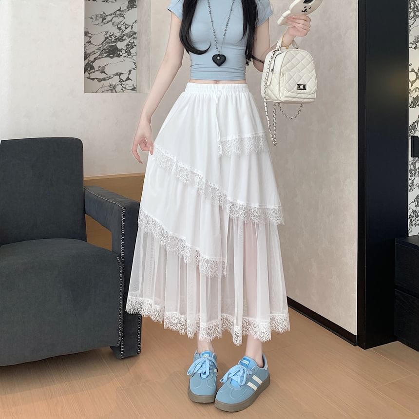Panel Waist Lace Mesh High A-Line Skirt Asymmetrical Trim Midi