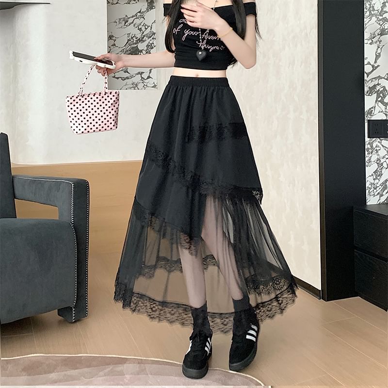 Panel Waist Lace Mesh High A-Line Skirt Asymmetrical Trim Midi