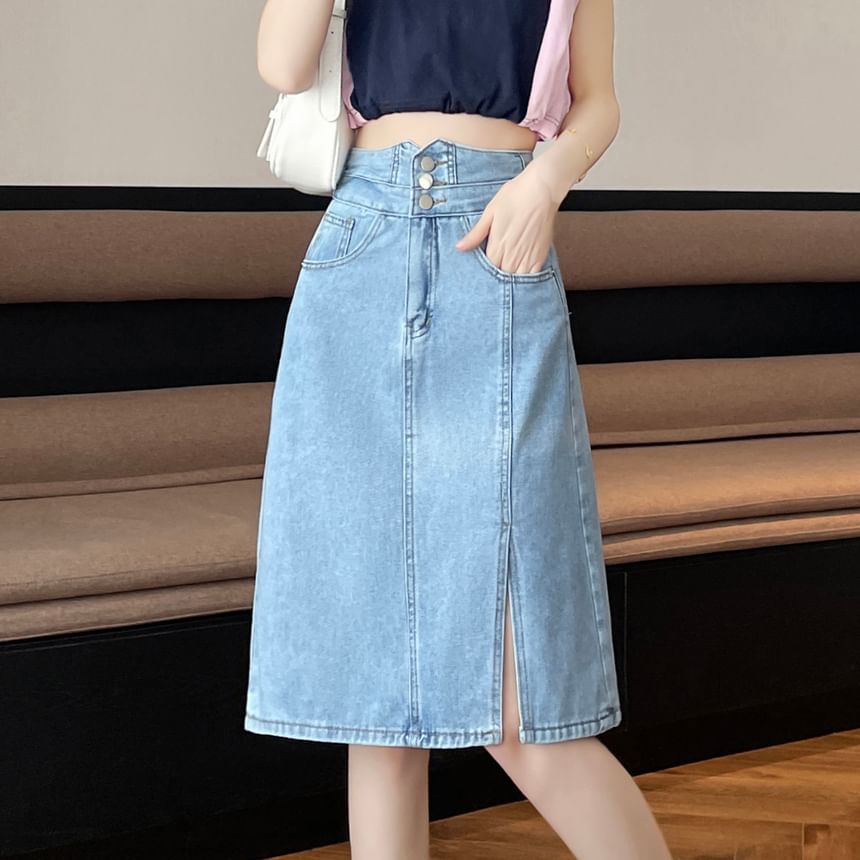 Washed Denim A-Line High Skirt Slit Rise
