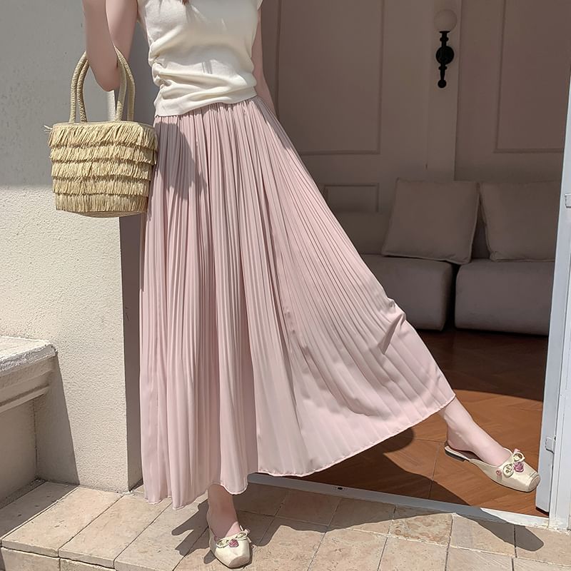 Pleated High Midi A-Line Plain Skirt Rise