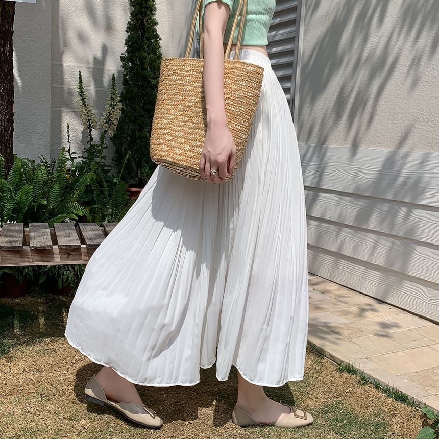 Pleated High Midi A-Line Plain Skirt Rise