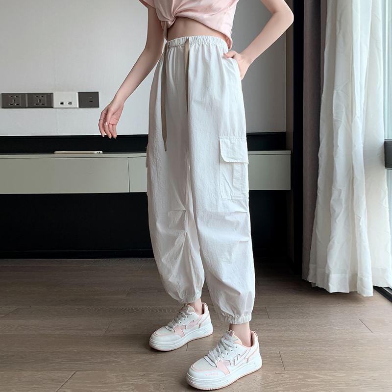 Cargo Harem Cropped Pants Plain Drawstring Waist