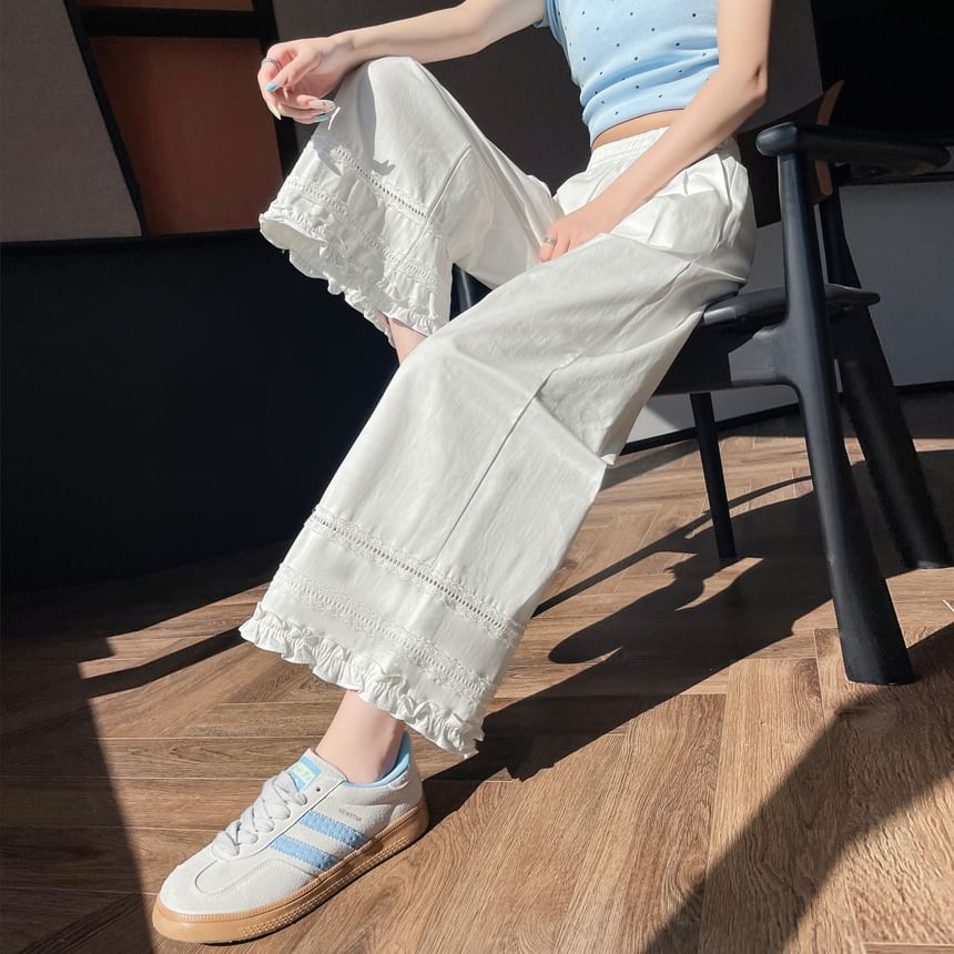 Wide Trim Lace Plain Frill Rise High Pants Cropped Leg Panel