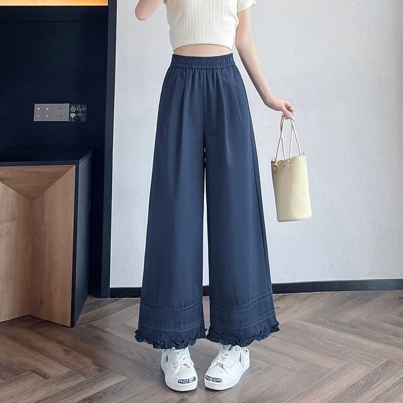Wide Trim Lace Plain Frill Rise High Pants Cropped Leg Panel