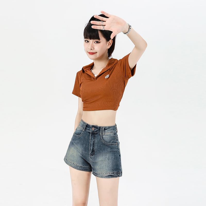 Washed Denim Waist High Hot Pants