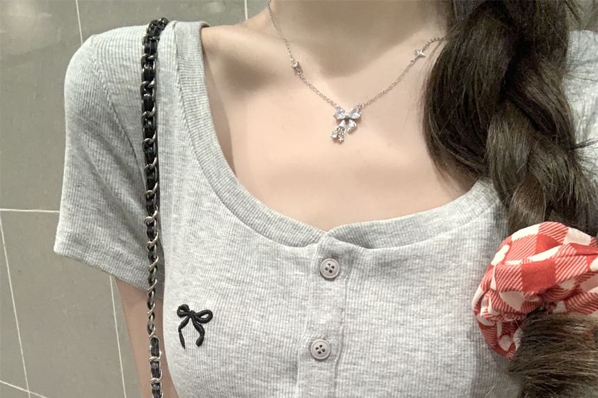 Bow Embroidered Short-Sleeve Slim Fit Scoop Crop Neck T-Shirt