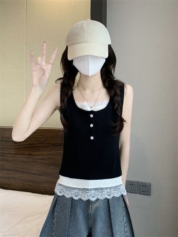 Lace-Trimmed Tank Top with Round Neck