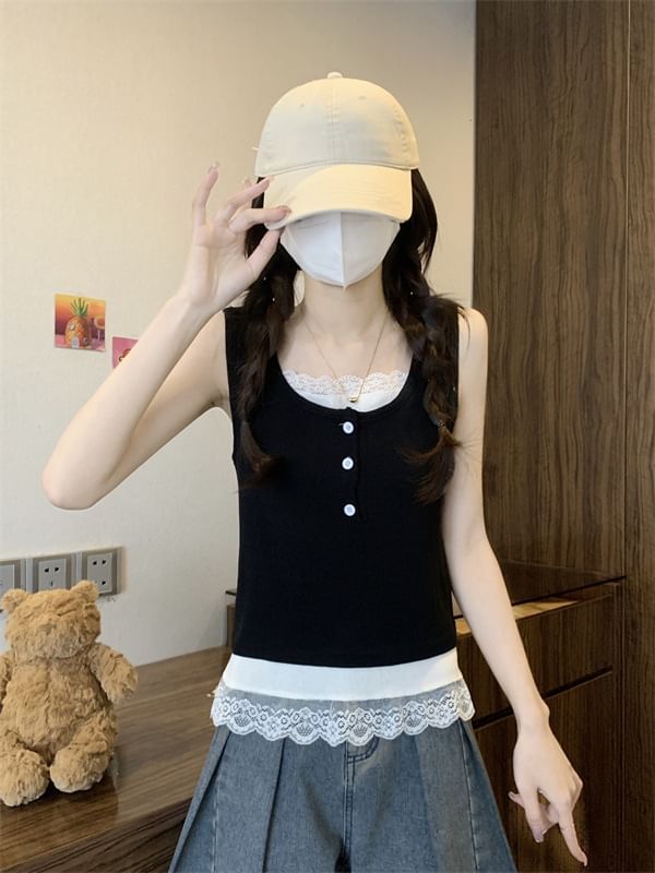 Lace-Trimmed Tank Top with Round Neck