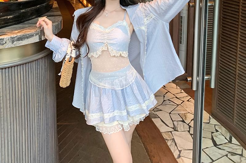 Lace Trim Crop Set: Camisole, Skirt, Shirt - LaceLux
