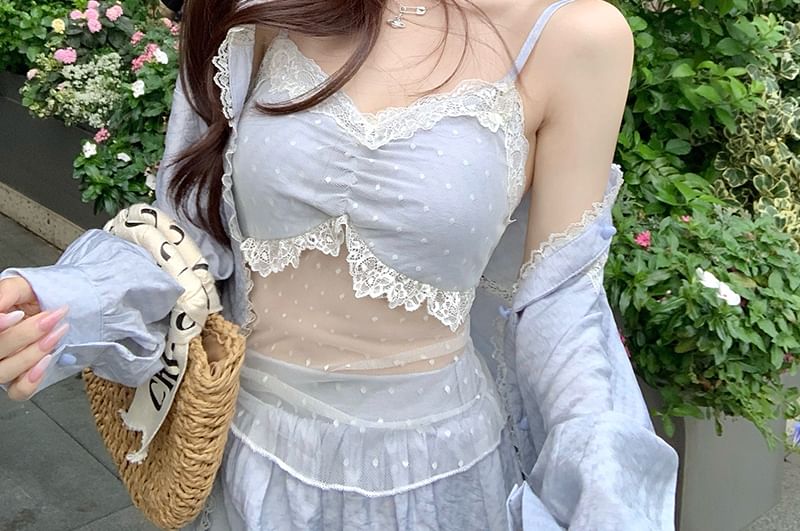 Lace Trim Crop Set: Camisole, Skirt, Shirt - LaceLux
