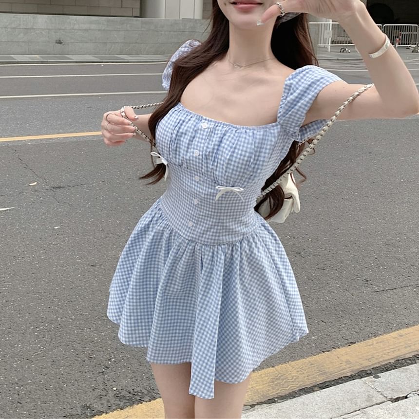 Mini Dress A-Line Gingham Puff-Sleeve Kerchief / Bow