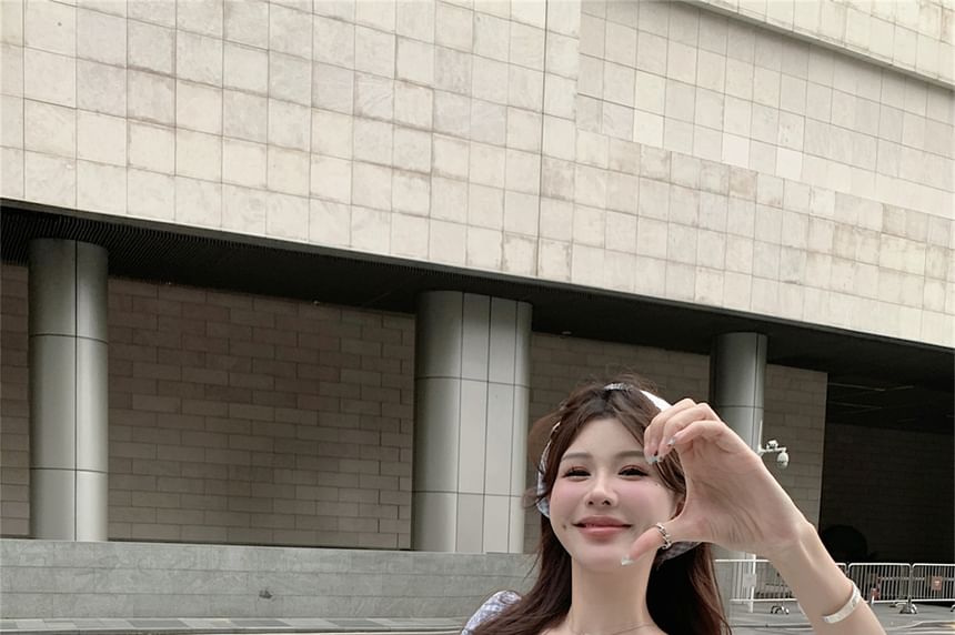 Mini Dress A-Line Gingham Puff-Sleeve Kerchief / Bow