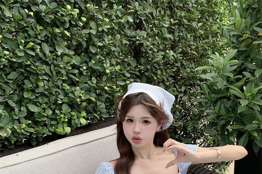 Mini Dress A-Line Gingham Puff-Sleeve Kerchief / Bow