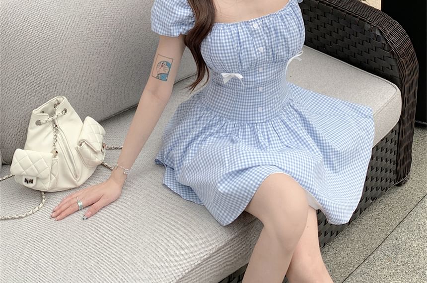 Mini Dress A-Line Gingham Puff-Sleeve Kerchief / Bow