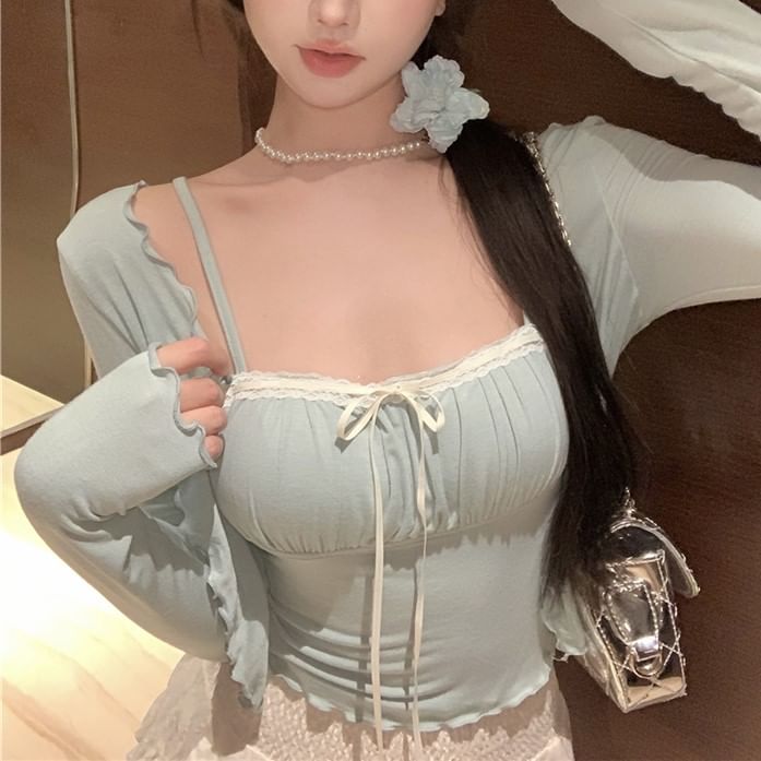 Jacket Camisole Top Plain Edge Trim Light Lace Lettuce / Bow