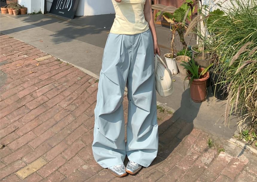 Mid Pants Ruched Plain Wide Leg Waist