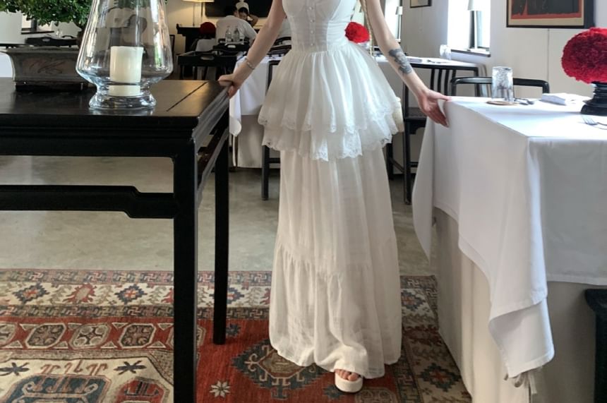 A-Line Lace Top Maxi Trim Camisole Skirt / Waist Plain High Peplum