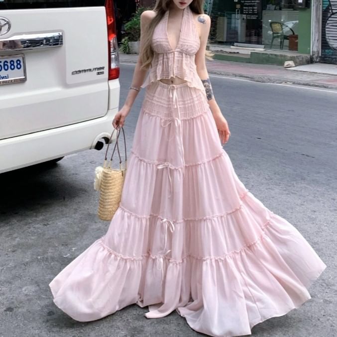 Rise V-Neck A-Line Maxi Low + Halter Top Set: Cropped Asymmetrical Skirt Plain