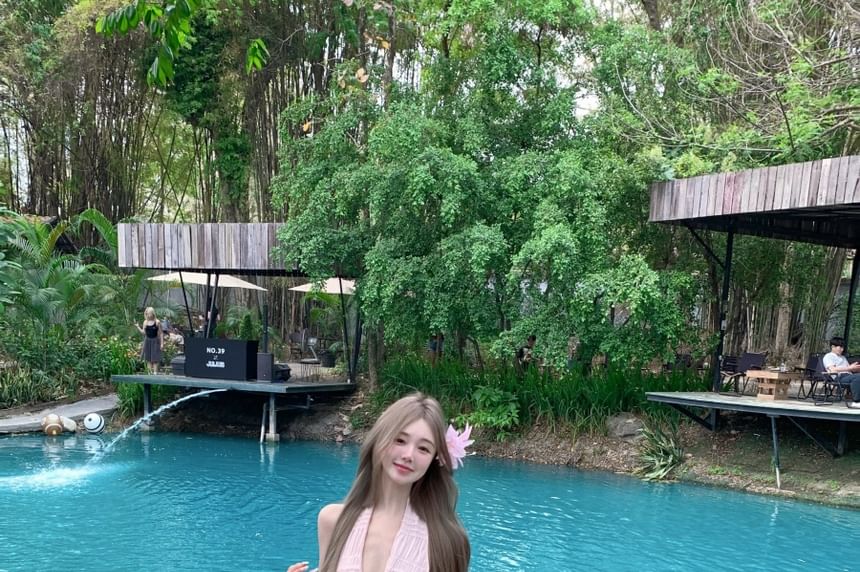 Rise V-Neck A-Line Maxi Low + Halter Top Set: Cropped Asymmetrical Skirt Plain