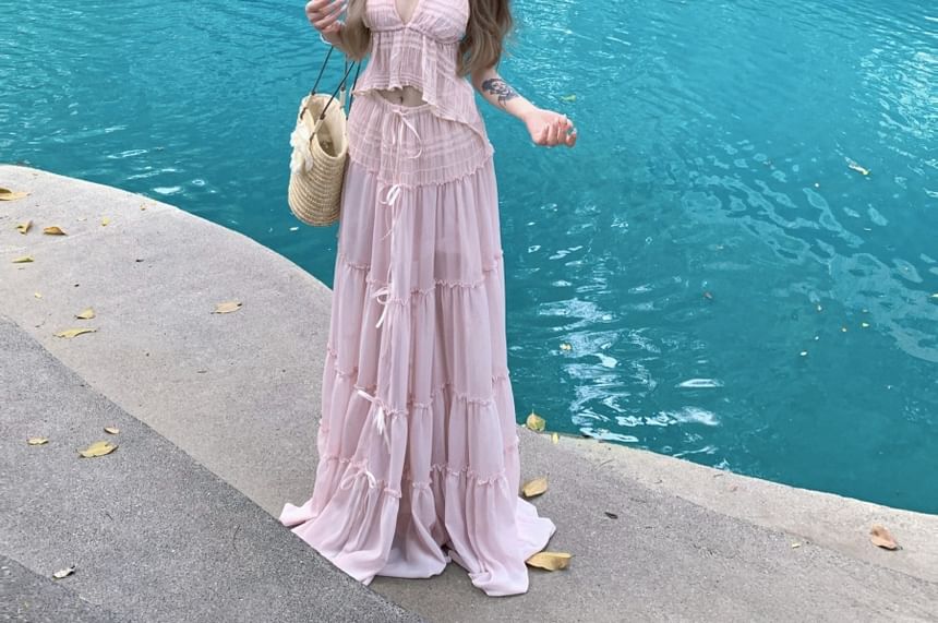 Rise V-Neck A-Line Maxi Low + Halter Top Set: Cropped Asymmetrical Skirt Plain