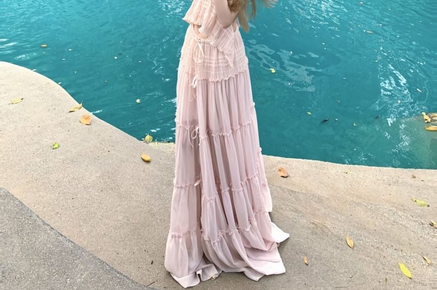 Rise V-Neck A-Line Maxi Low + Halter Top Set: Cropped Asymmetrical Skirt Plain