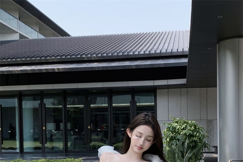 Mini Detail Mesh Strap Plain Spaghetti Flower Sundress