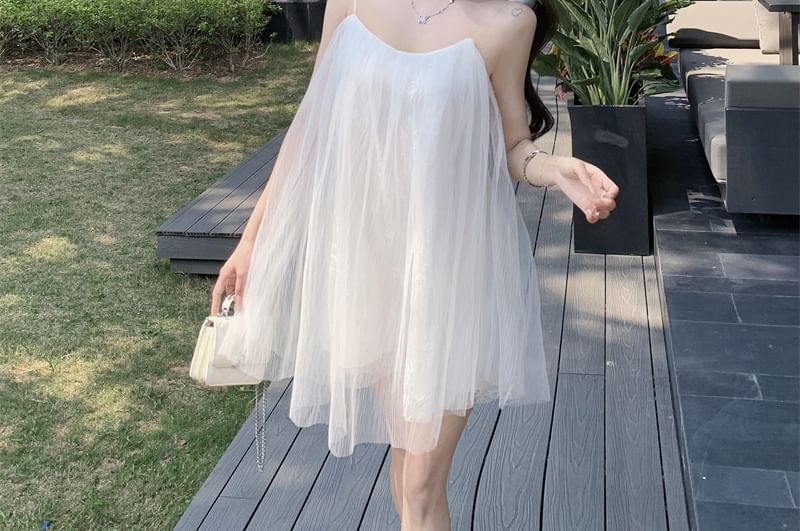 Mini Detail Mesh Strap Plain Spaghetti Flower Sundress