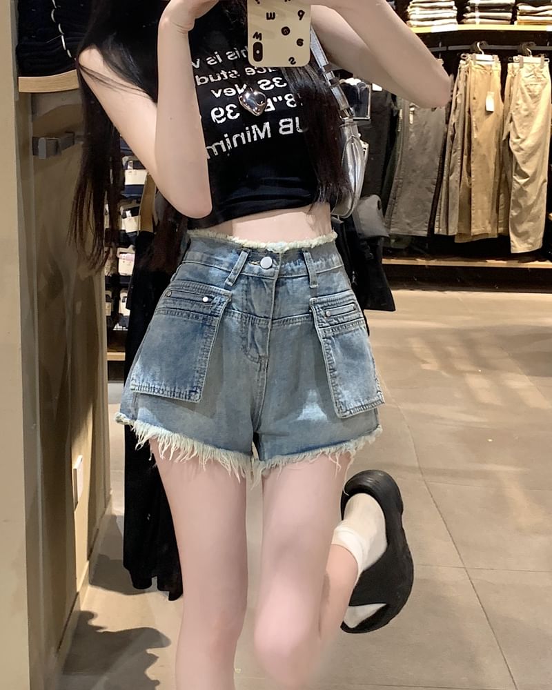 Hot High Denim Fringed Pants Trim Waist Washed