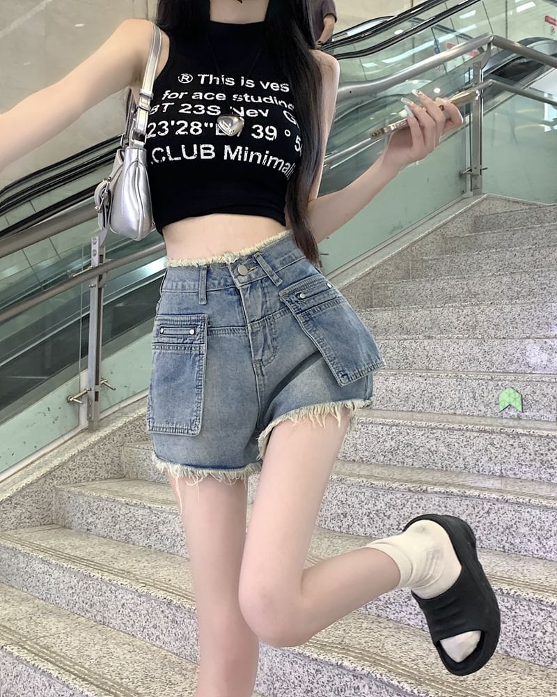 Hot High Denim Fringed Pants Trim Waist Washed